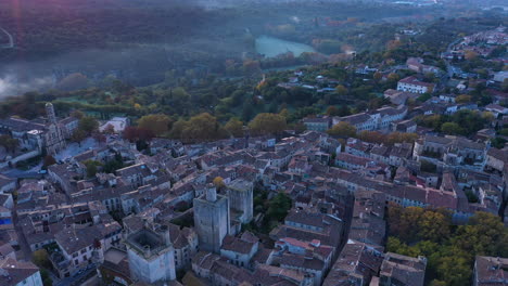 Uzès-city-center-during-the-dawn-aerial-view-France-Gard